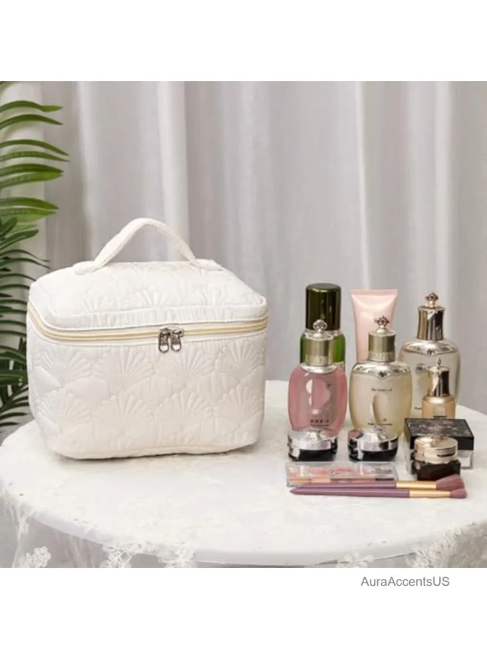 Large Quilted Travel Makeup Bag Cosmetic Pouch Purse with Handle Zipper